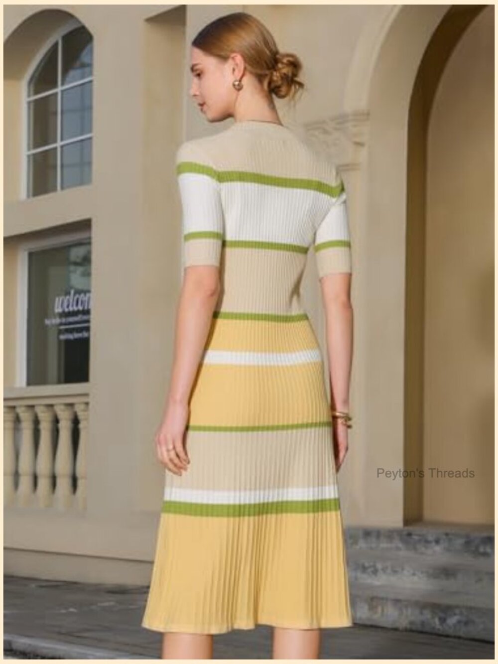 Women's Knit Striped Short Sleeve Midi Ribbed Sweater Dress - Picture 4 of 6